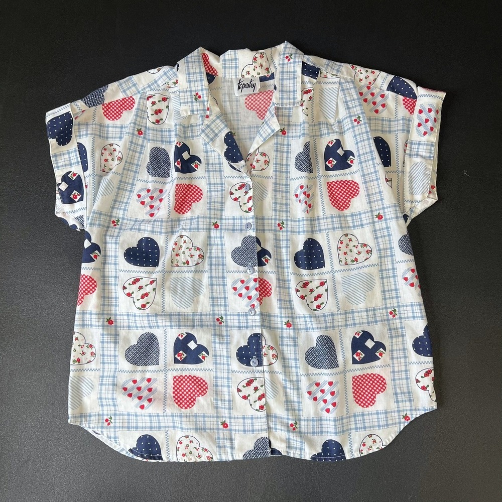 Vtg Tapestry Women M Cottagecore Heart Print Button Up Shirt  Made in USA Retro